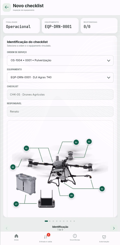 Checklist de inspeção do app de campo com identificação do drone e seus componentes