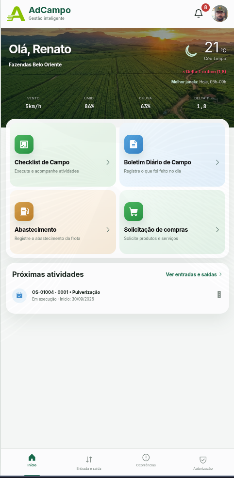 Início do app de campo com checklist, boletim, abastecimento e compras