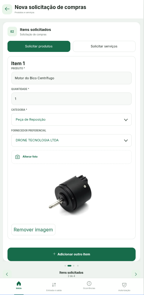 Solicitação de compras pelo app de campo com foto do produto